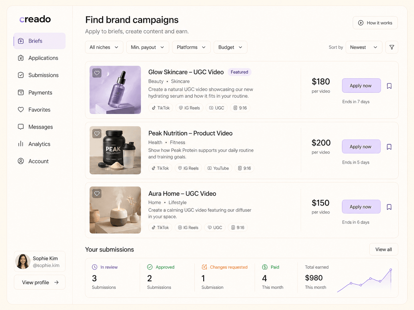 ViewStage creator feed on mobile — live campaigns ranked by match score